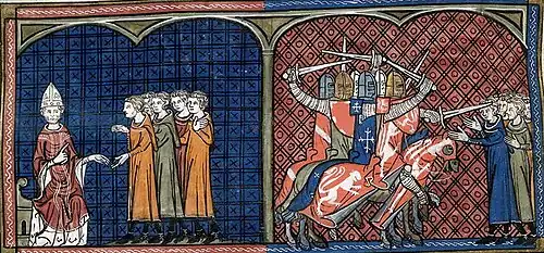Two illuminations: the pope admonishing a group of people and mounted knights attacking unarmed people with swords