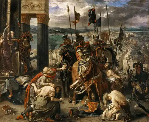 A painting of an army marching into a city gate with much smoke in the background