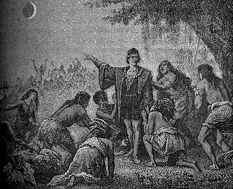 Drawing of Christopher Columbus gesturing to a lunar eclipse in the sky, with indigenous Americans gathered around him