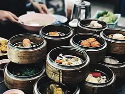An assortment of items in a Dim Sum breakfast meal