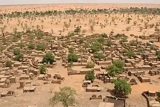 Environmental migration. Sparser rainfall leads to desertification that harms agriculture and can displace populations. Shown: Telly, Mali (2008).[269]