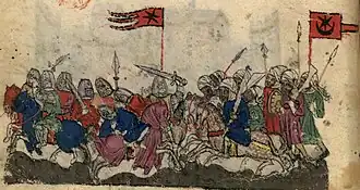 A medieval manuscript illustration showing soldiers fighting a melée, with one side distinguished by turbans and a red flag carrying a crescent and star and the other side wearing armored face coverings under a red flag carrying a six-pointed star